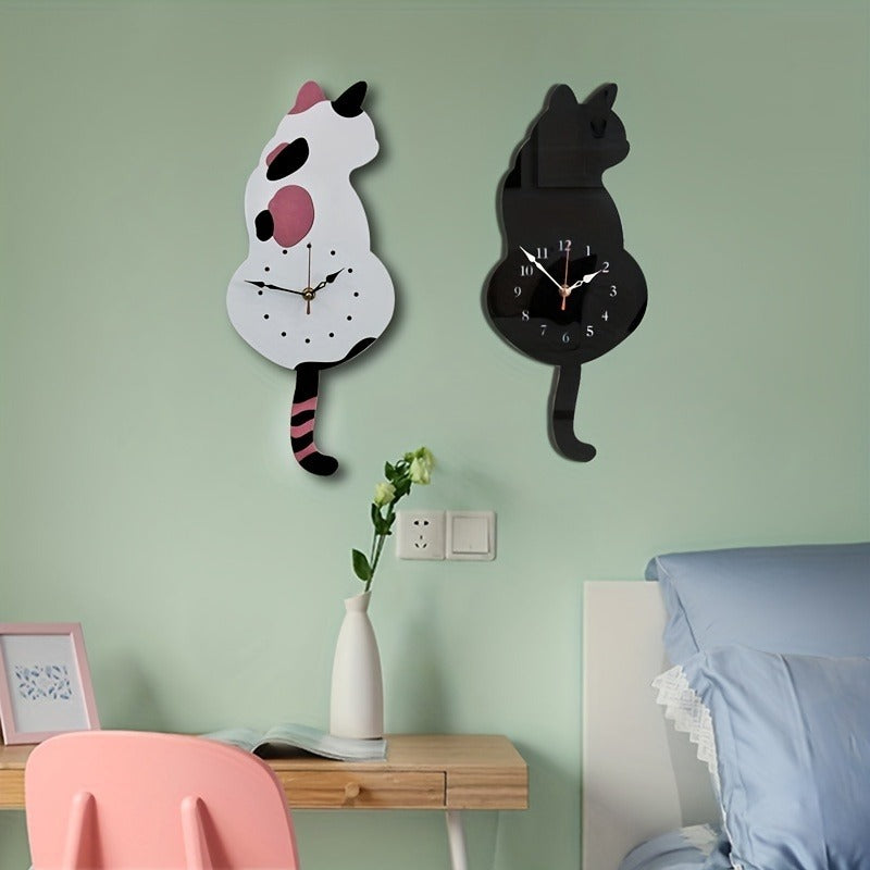 Reloj de pared con péndulo de gato negro con cola móvil, divertido y único