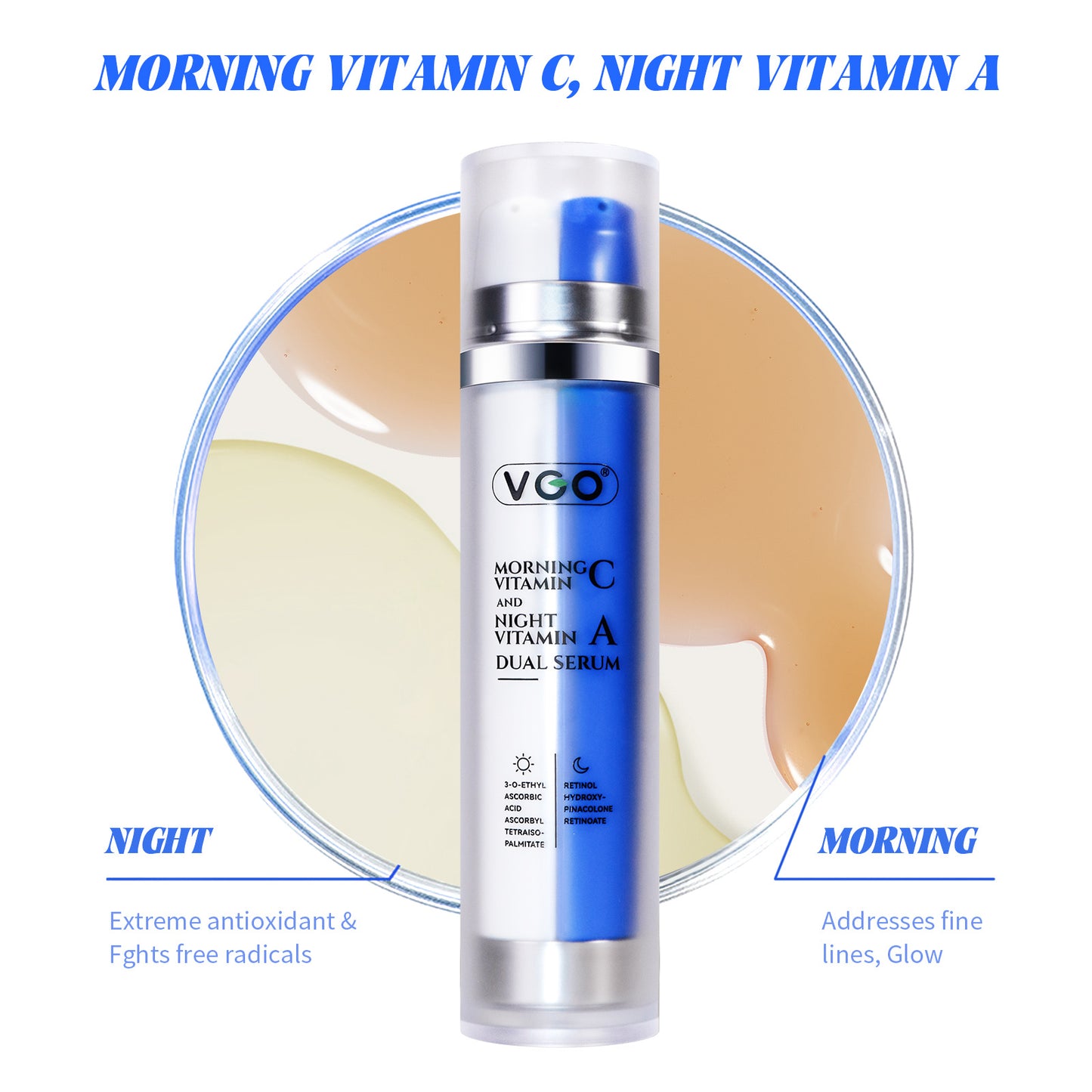 Suero dual de vitamina C por la mañana y vitamina A por la noche